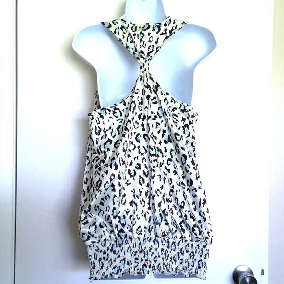 Vertigo Animal Print Racerback Top Ruffled Neckline Stretch Banded Hem EUC Sz M - Picture 2 of 5
